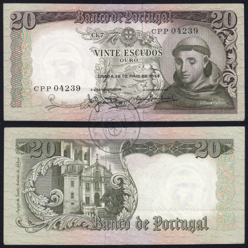 Nota de 20 Escudos 1964 Santo António, 20$00 26/05/1964 Chapa: 7 - Banco de Portugal (Pouco Circulada), Pick 167