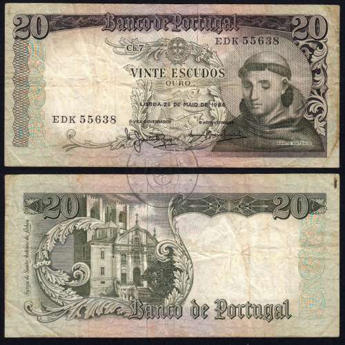 20 Escudos Banknote 1964 Saint Anthony, 20$00 26/05/1964 Plate: 7 - Bank of Portugal (Circulated), Pick 167