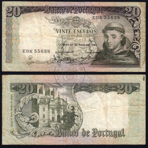 Nota de 20 Escudos 1964 Santo António, 20$00 26/05/1964 Chapa: 7 - Banco de Portugal (Circulada), Pick 167