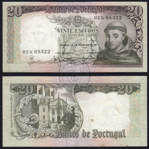 20 Escudos Banknote 1964 Saint Anthony, 20$00 26/05/1964 Plate: 7 - Bank of Portugal (Circulated), Pick 167