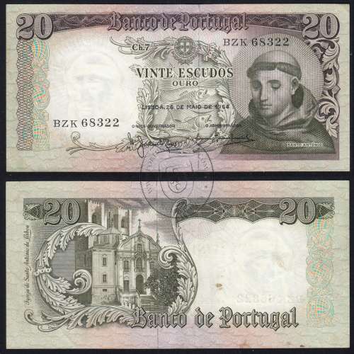 Nota de 20 Escudos 1964 Santo António, 20$00 26/05/1964 Chapa: 7 - Banco de Portugal (Circulada), Pick 167