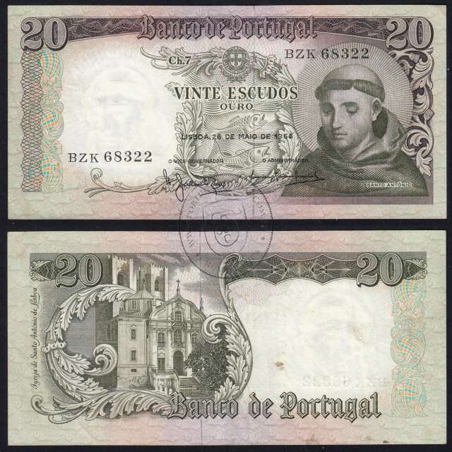 Nota de 20 Escudos 1964 Santo António, 20$00 26/05/1964 Chapa: 7 - Banco de Portugal (Circulada), Pick 167
