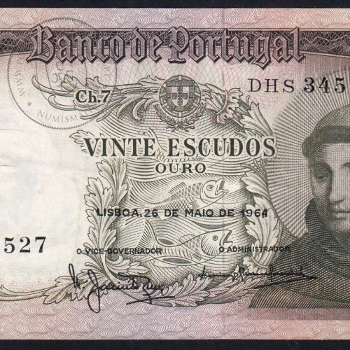 Nota de 20 Escudos 1964 Santo António, 20$00 26/05/1964 Chapa: 7 - Banco de Portugal (Circulada), Pick 167