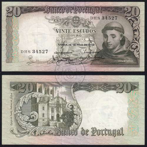 Nota de 20 Escudos 1964 Santo António, 20$00 26/05/1964 Chapa: 7 - Banco de Portugal (Circulada), Pick 167