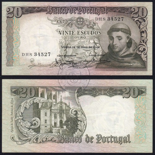 Nota de 20 Escudos 1964 Santo António, 20$00 26/05/1964 Chapa: 7 - Banco de Portugal (Circulada), Pick 167