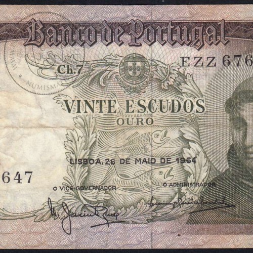 20 Escudos Banknote 1964 Saint Anthony, 20$00 26/05/1964 Plate: 7 - Bank of Portugal (Circulated), Pick 167