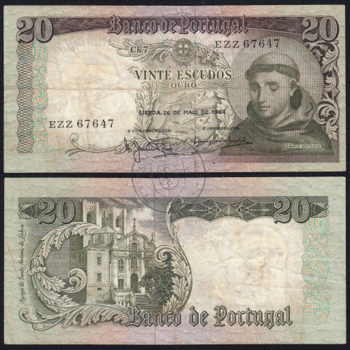 Nota de 20 Escudos 1964 Santo António, 20$00 26/05/1964 Chapa: 7 - Banco de Portugal (Circulada), Pick 167