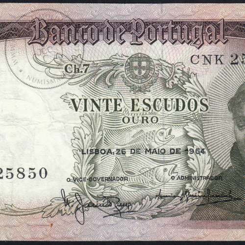 Nota de 20 Escudos 1964 Santo António, 20$00 26/05/1964 Chapa: 7 - Banco de Portugal (Circulada), Pick 167