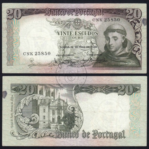 20 Escudos Banknote 1964 Saint Anthony, 20$00 26/05/1964 Plate: 7 - Bank of Portugal (Circulated), Pick 167