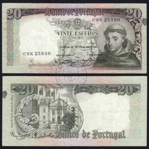 Nota de 20 Escudos 1964 Santo António, 20$00 26/05/1964 Chapa: 7 - Banco de Portugal (Circulada), Pick 167