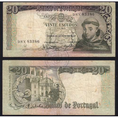 Nota de 20 Escudos 1964 Santo António, 20$00 26/05/1964 Chapa: 7 - Banco de Portugal (Circulada), Pick 167