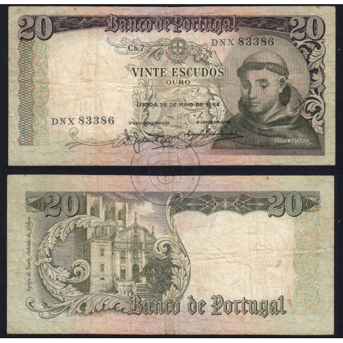 20 Escudos Banknote 1964 Saint Anthony, 20$00 26/05/1964 Plate: 7 - Bank of Portugal (Circulated), Pick 167