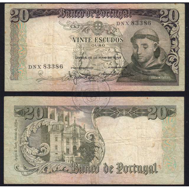 Nota de 20 Escudos 1964 Santo António, 20$00 26/05/1964 Chapa: 7 - Banco de Portugal (Circulada), Pick 167