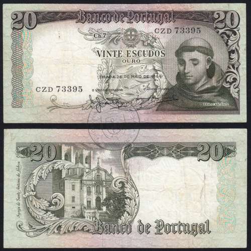 20 Escudos Banknote 1964 Saint Anthony, 20$00 26/05/1964 Plate: 7 - Bank of Portugal (Circulated), Pick 167