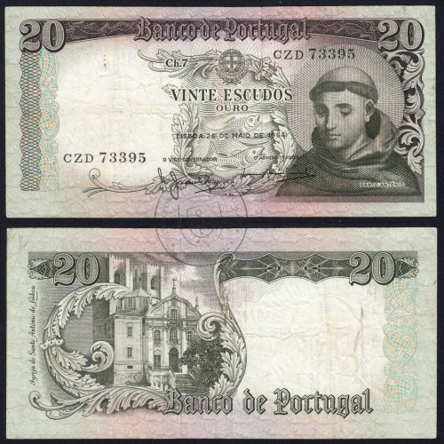 Nota de 20 Escudos 1964 Santo António, 20$00 26/05/1964 Chapa: 7 - Banco de Portugal (Circulada), Pick 167