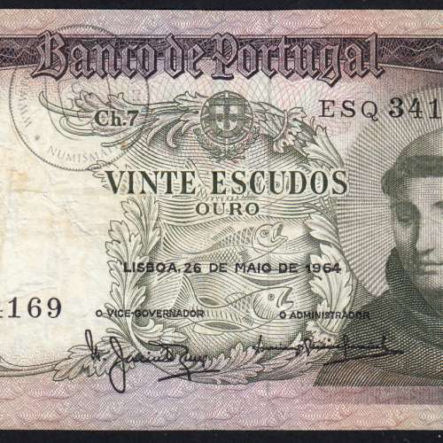 Nota de 20 Escudos 1964 Santo António, 20$00 26/05/1964 Chapa: 7 - Banco de Portugal (Circulada), Pick 167