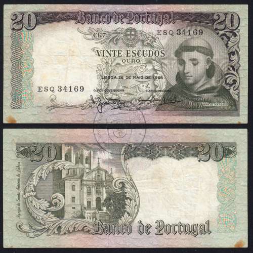 20 Escudos Banknote 1964 Saint Anthony, 20$00 26/05/1964 Plate: 7 - Bank of Portugal (Circulated), Pick 167