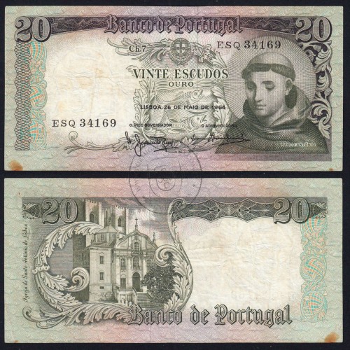20 Escudos Banknote 1964 Saint Anthony, 20$00 26/05/1964 Plate: 7 - Bank of Portugal (Circulated), Pick 167