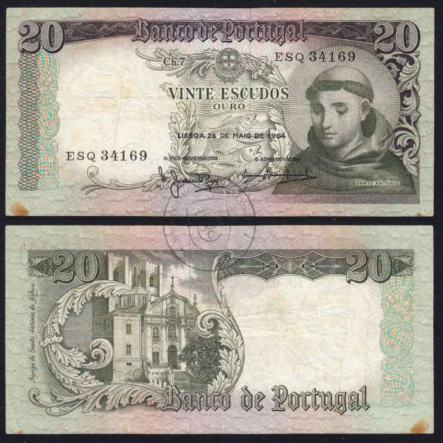 20 Escudos Banknote 1964 Saint Anthony, 20$00 26/05/1964 Plate: 7 - Bank of Portugal (Circulated), Pick 167