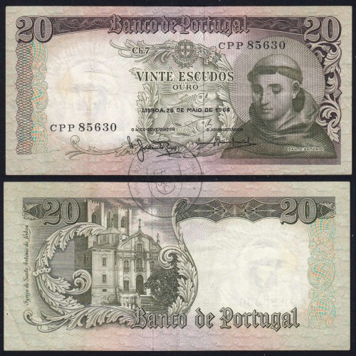 Nota de 20 Escudos 1964 Santo António, 20$00 26/05/1964 Chapa: 7 - Banco de Portugal (Circulada), Pick 167