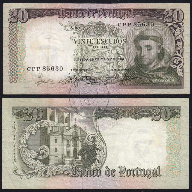 Nota de 20 Escudos 1964 Santo António, 20$00 26/05/1964 Chapa: 7 - Banco de Portugal (Circulada), Pick 167