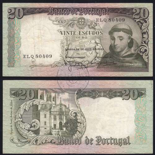 Nota de 20 Escudos 1964 Santo António, 20$00 26/05/1964 Chapa: 7 - Banco de Portugal (Circulada), Pick 167