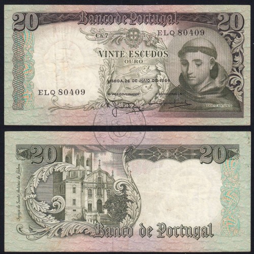 Nota de 20 Escudos 1964 Santo António, 20$00 26/05/1964 Chapa: 7 - Banco de Portugal (Circulada), Pick 167
