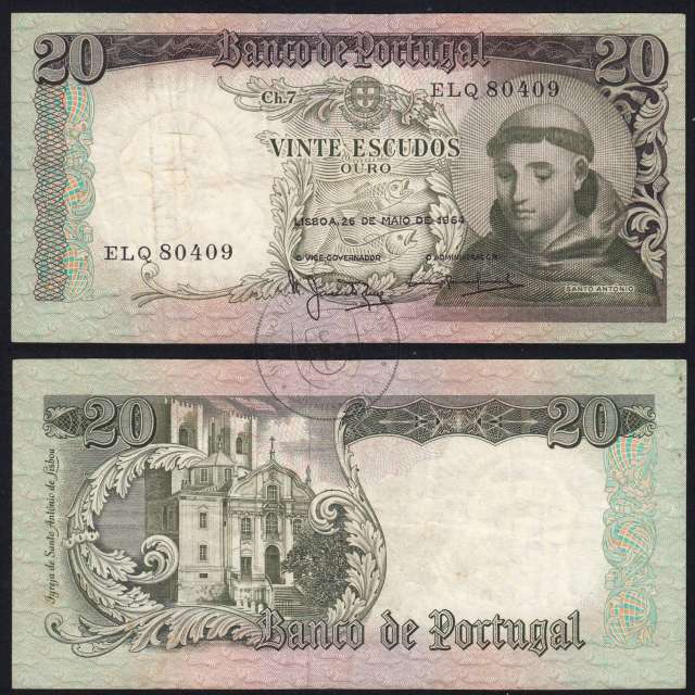 Nota de 20 Escudos 1964 Santo António, 20$00 26/05/1964 Chapa: 7 - Banco de Portugal (Circulada), Pick 167
