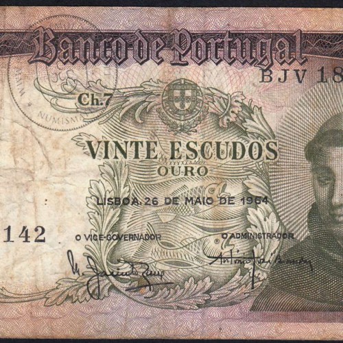 20 Escudos Banknote 1964 Saint Anthony, 20$00 26/05/1964 Plate: 7 - Bank of Portugal (Circulated), Pick 167
