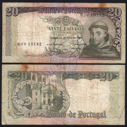 20 Escudos Banknote 1964 Saint Anthony, 20$00 26/05/1964 Plate: 7 - Bank of Portugal (Circulated), Pick 167