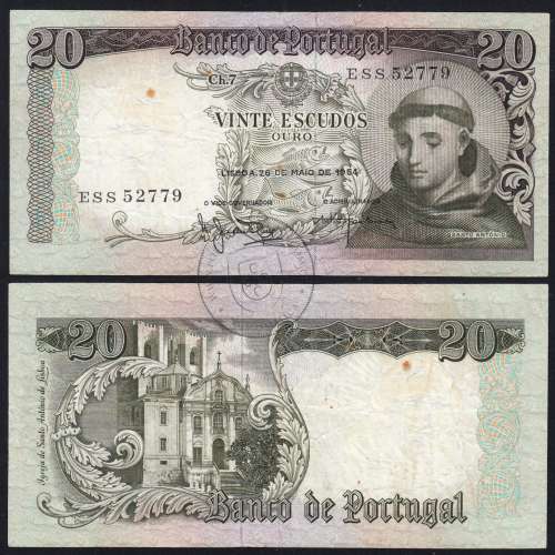 Nota de 20 Escudos 1964 Santo António, 20$00 26/05/1964 Chapa: 7 - Banco de Portugal (Circulada), Pick 167