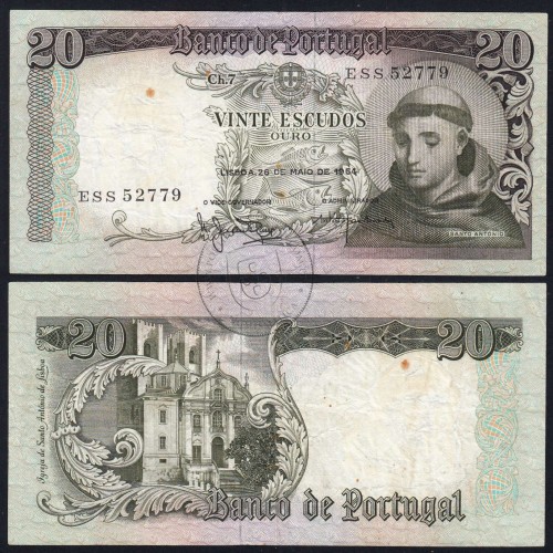 Nota de 20 Escudos 1964 Santo António, 20$00 26/05/1964 Chapa: 7 - Banco de Portugal (Circulada), Pick 167