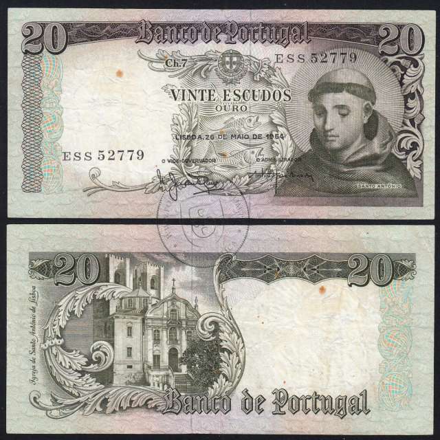 20 Escudos Banknote 1964 Saint Anthony, 20$00 26/05/1964 Plate: 7 - Bank of Portugal (Circulated), Pick 167