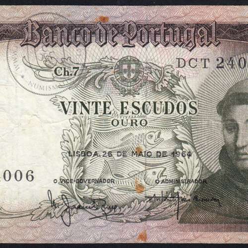 Nota de 20 Escudos 1964 Santo António, 20$00 26/05/1964 Chapa: 7 - Banco de Portugal (Circulada), Pick 167