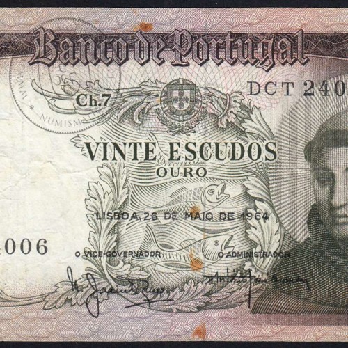 Nota de 20 Escudos 1964 Santo António, 20$00 26/05/1964 Chapa: 7 - Banco de Portugal (Circulada), Pick 167