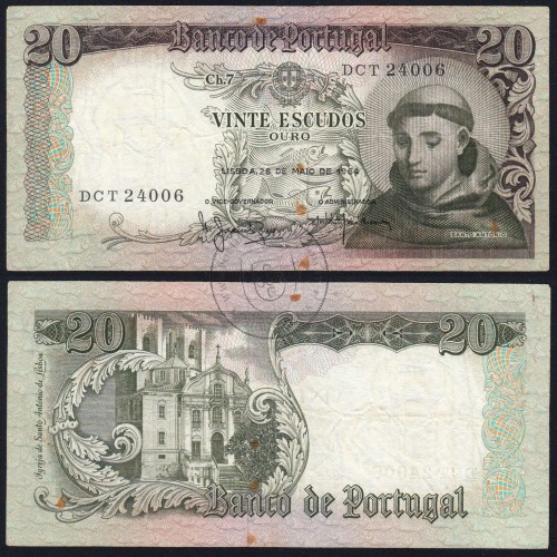 20 Escudos Banknote 1964 Saint Anthony, 20$00 26/05/1964 Plate: 7 - Bank of Portugal (Circulated), Pick 167
