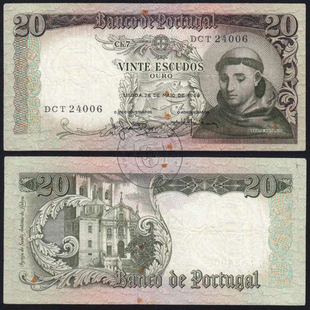 20 Escudos Banknote 1964 Saint Anthony, 20$00 26/05/1964 Plate: 7 - Bank of Portugal (Circulated), Pick 167