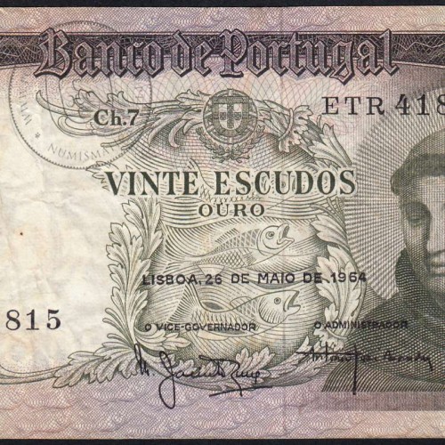 20 Escudos Banknote 1964 Saint Anthony, 20$00 26/05/1964 Plate: 7 - Bank of Portugal (Circulated), Pick 167