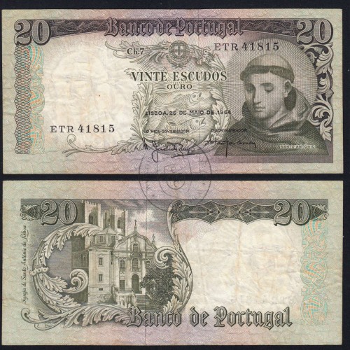 20 Escudos Banknote 1964 Saint Anthony, 20$00 26/05/1964 Plate: 7 - Bank of Portugal (Circulated), Pick 167
