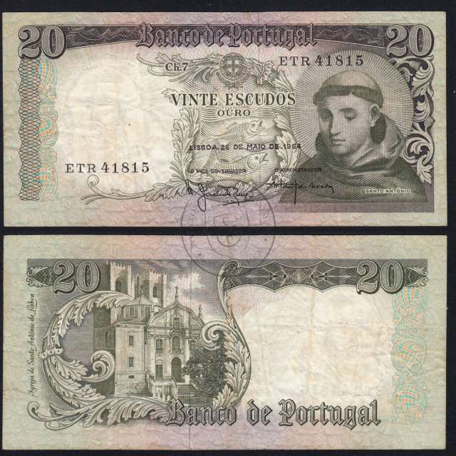 Nota de 20 Escudos 1964 Santo António, 20$00 26/05/1964 Chapa: 7 - Banco de Portugal (Circulada), Pick 167