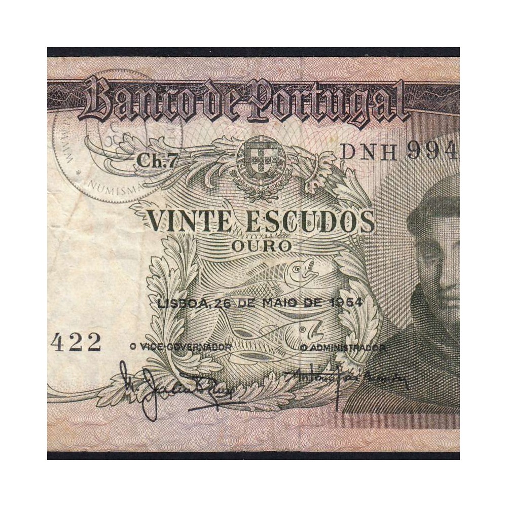 Nota de 20 Escudos 1964 Santo António, 20$00 26/05/1964 Chapa: 7 - Banco de Portugal (Circulada), Pick 167