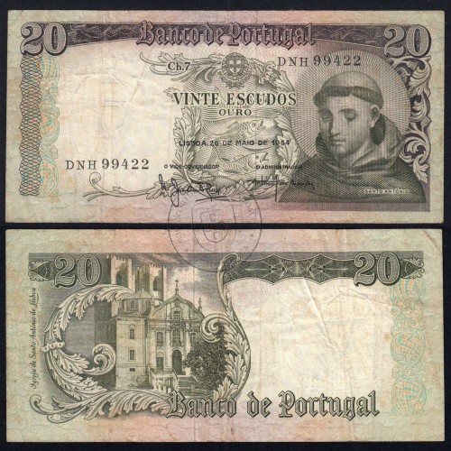 20 Escudos Banknote 1964 Saint Anthony, 20$00 26/05/1964 Plate: 7 - Bank of Portugal (Circulated), Pick 167