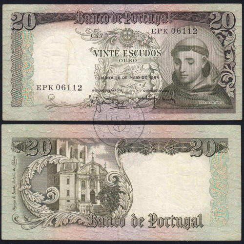 Nota de 20 Escudos 1964 Santo António, 20$00 26/05/1964 Chapa: 7 - Banco de Portugal (Circulada), Pick 167