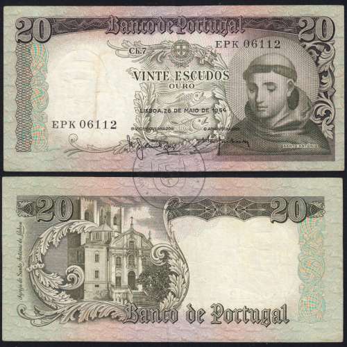 Nota de 20 Escudos 1964 Santo António, 20$00 26/05/1964 Chapa: 7 - Banco de Portugal (Circulada), Pick 167