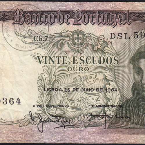 20 Escudos Banknote 1964 Saint Anthony, 20$00 26/05/1964 Plate: 7 - Bank of Portugal (Circulated), Pick 167