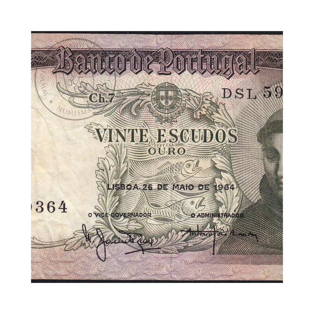 Nota de 20 Escudos 1964 Santo António, 20$00 26/05/1964 Chapa: 7 - Banco de Portugal (Circulada), Pick 167