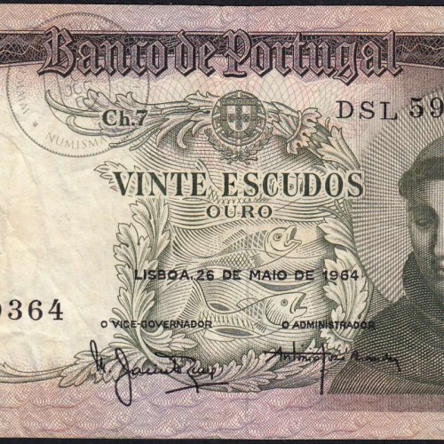 20 Escudos Banknote 1964 Saint Anthony, 20$00 26/05/1964 Plate: 7 - Bank of Portugal (Circulated), Pick 167
