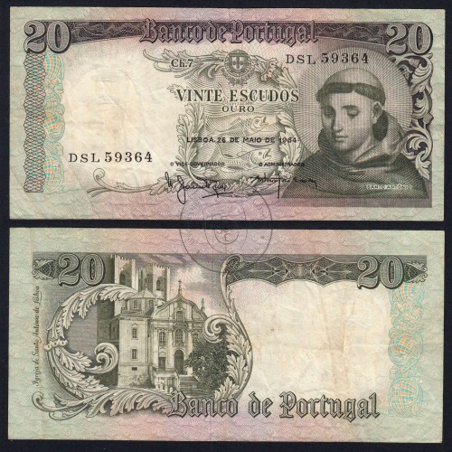 Nota de 20 Escudos 1964 Santo António, 20$00 26/05/1964 Chapa: 7 - Banco de Portugal (Circulada), Pick 167