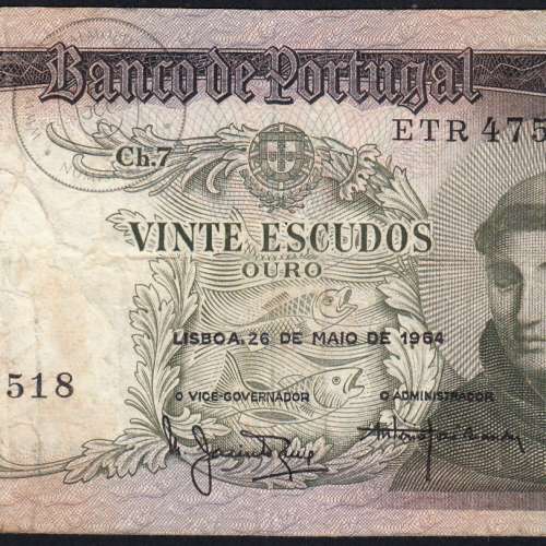 Nota de 20 Escudos 1964 Santo António, 20$00 26/05/1964 Chapa: 7 - Banco de Portugal (Circulada), Pick 167