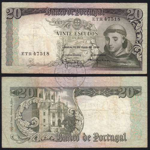 20 Escudos Banknote 1964 Saint Anthony, 20$00 26/05/1964 Plate: 7 - Bank of Portugal (Circulated), Pick 167